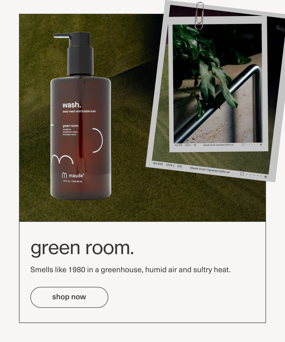green room. | Smells like 1980 in a greenhouse, humid air and sultry heat. | [ shop now ]