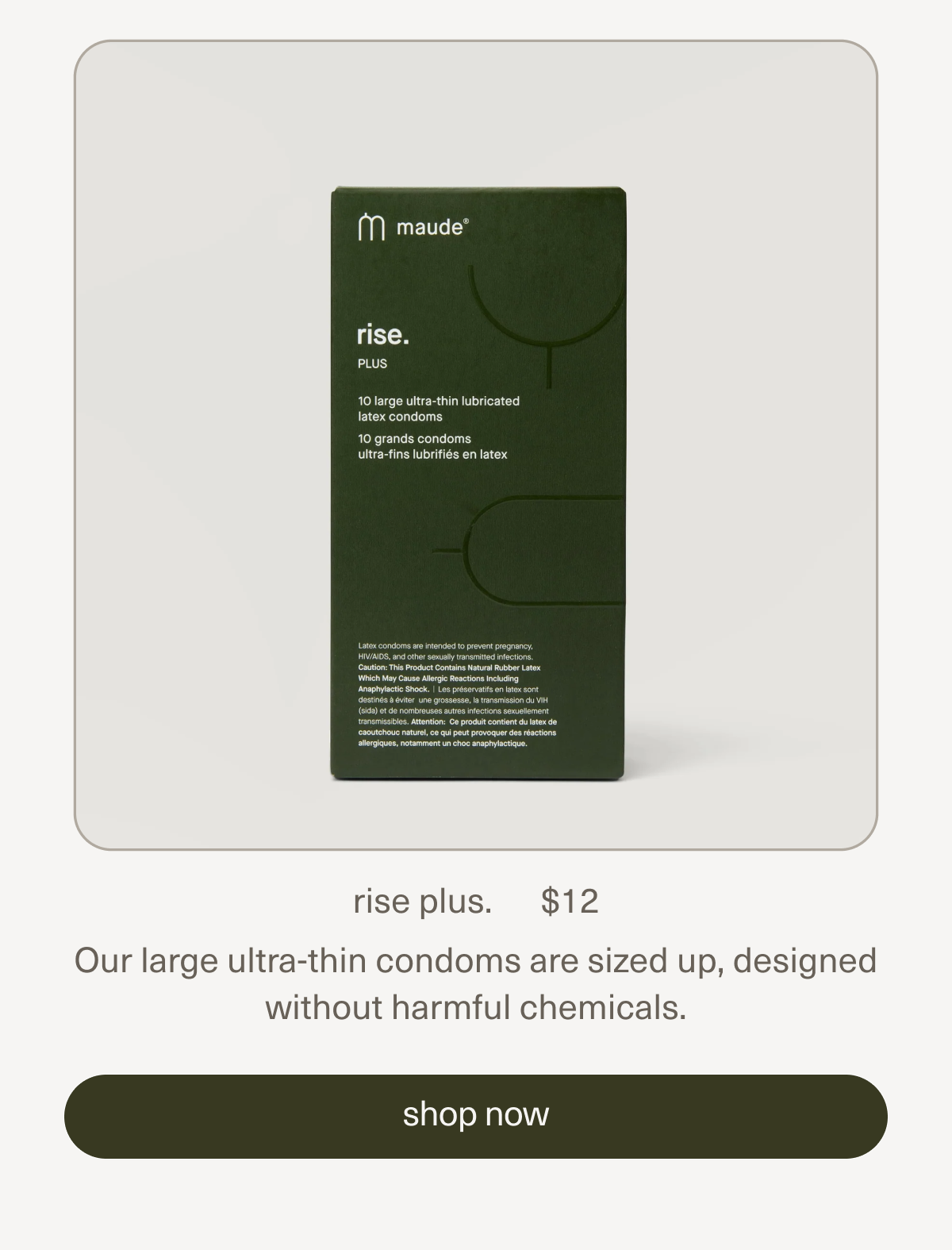 rise plus. | $12 | Our large ultra-thin condoms are sized up, designed without harmful chemicals. | shop rise plus.