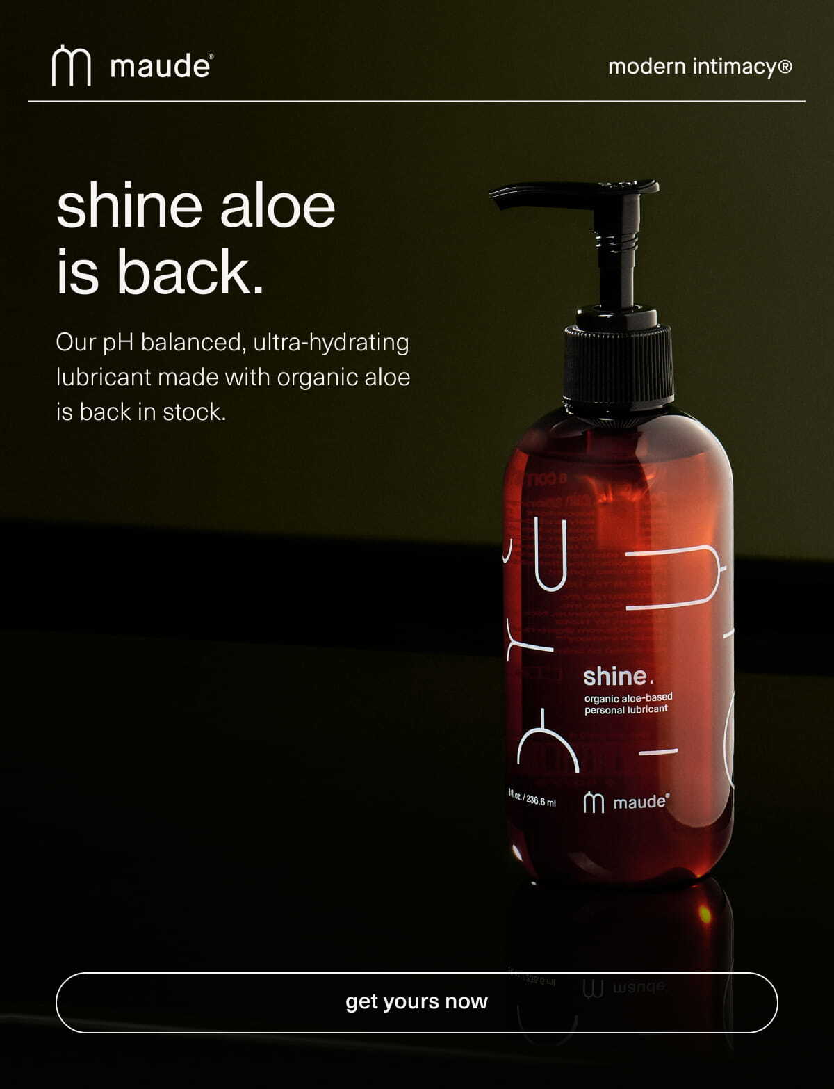 Shine aloe is back. | Our pH balanced, ultra-hydrating lubricant made with organic aloe is back in stock. | get yours now. 