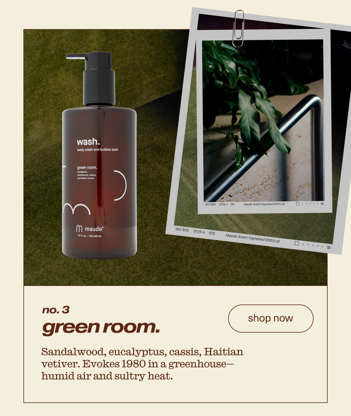 no. 3 | green room. | Sandalwood, eucalyptus, cassis, Haitian vetiver. Evokes 1980 in a greenhouse- humid air and sultry heat. | [ shop now ]