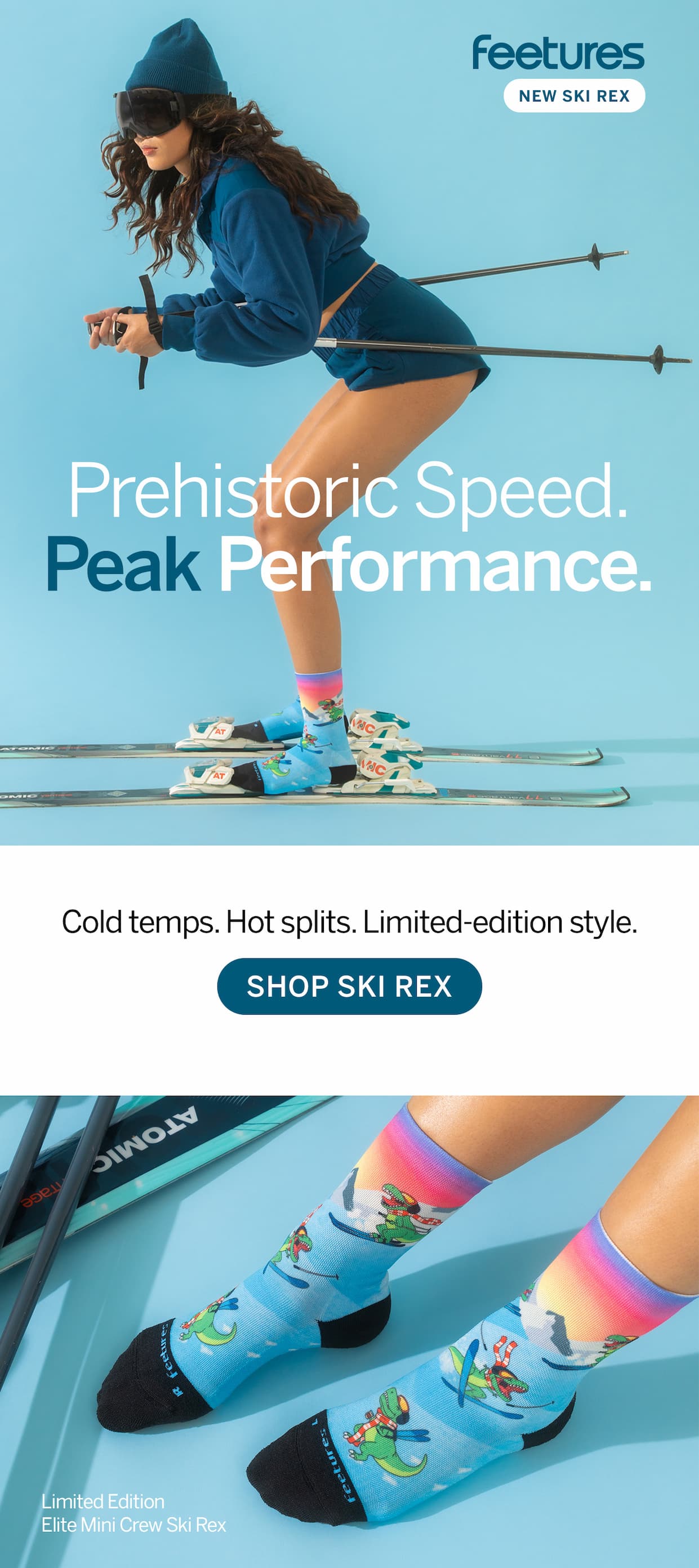 Woman in the skiing position with the new Ski Rex Elite Mini Crew Light Cushion sock