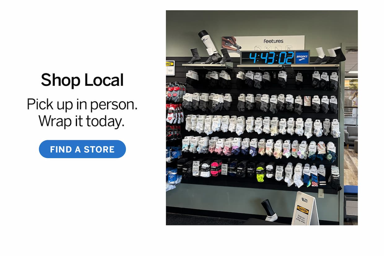 Text: Shop Local. Image of Feetures socks at a local store location.