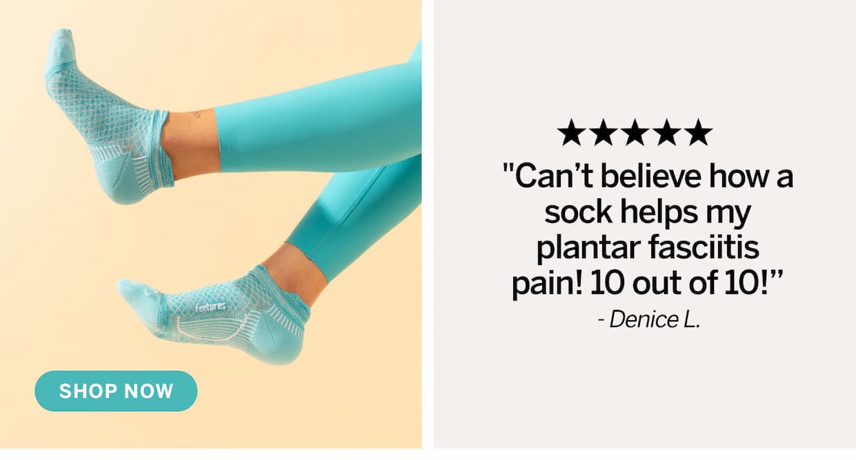 Customer review text with image of Plantar Fasciitis Tab  sock