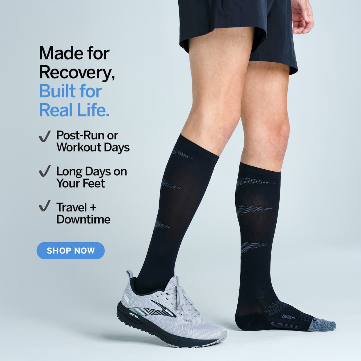 Men's legs wearing graduated compression. Text: Made for Recovery, Built for Real Life.
