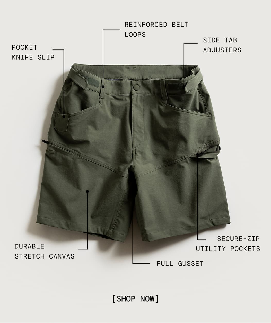 OD Green Utility Short: Macro Shot with Product Callouts