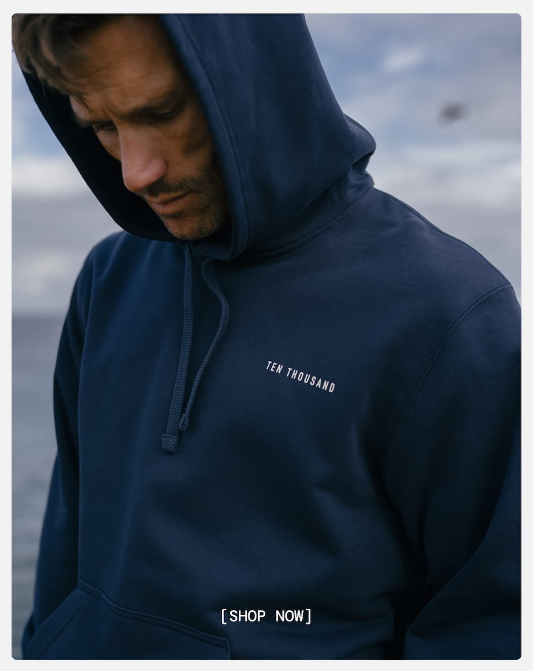 Lifestyle Image showing Ten Thousand Logo Detail on New Hoodie