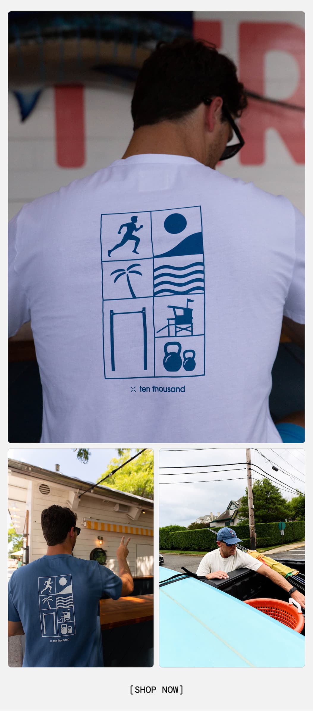 Lifestyle Collage: Ethan in Federal Blue and White Land / Water Field Tee