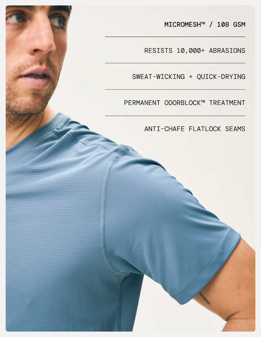 Technical Specifications: MicroMesh 108 GSM, Sweat-Wicking + Quick-Drying