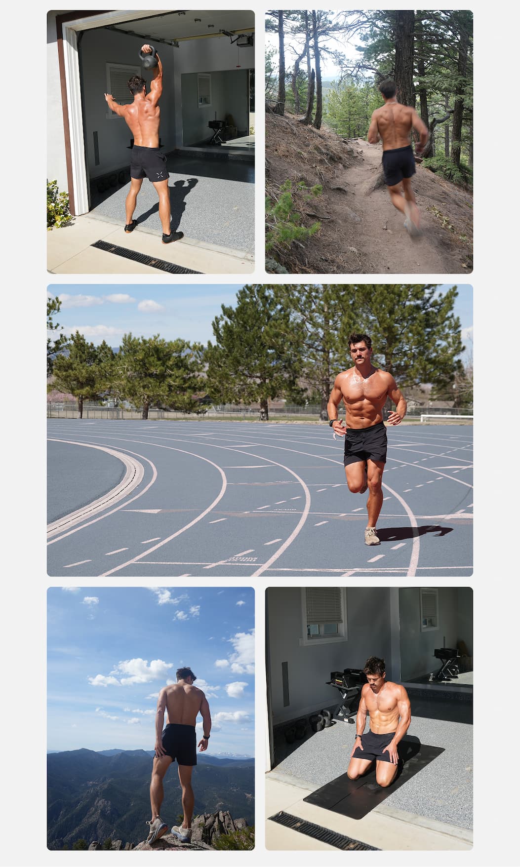 Collage of Gym and outdoor training Images of Tent Thousand Athlete Seth Wilmoth
