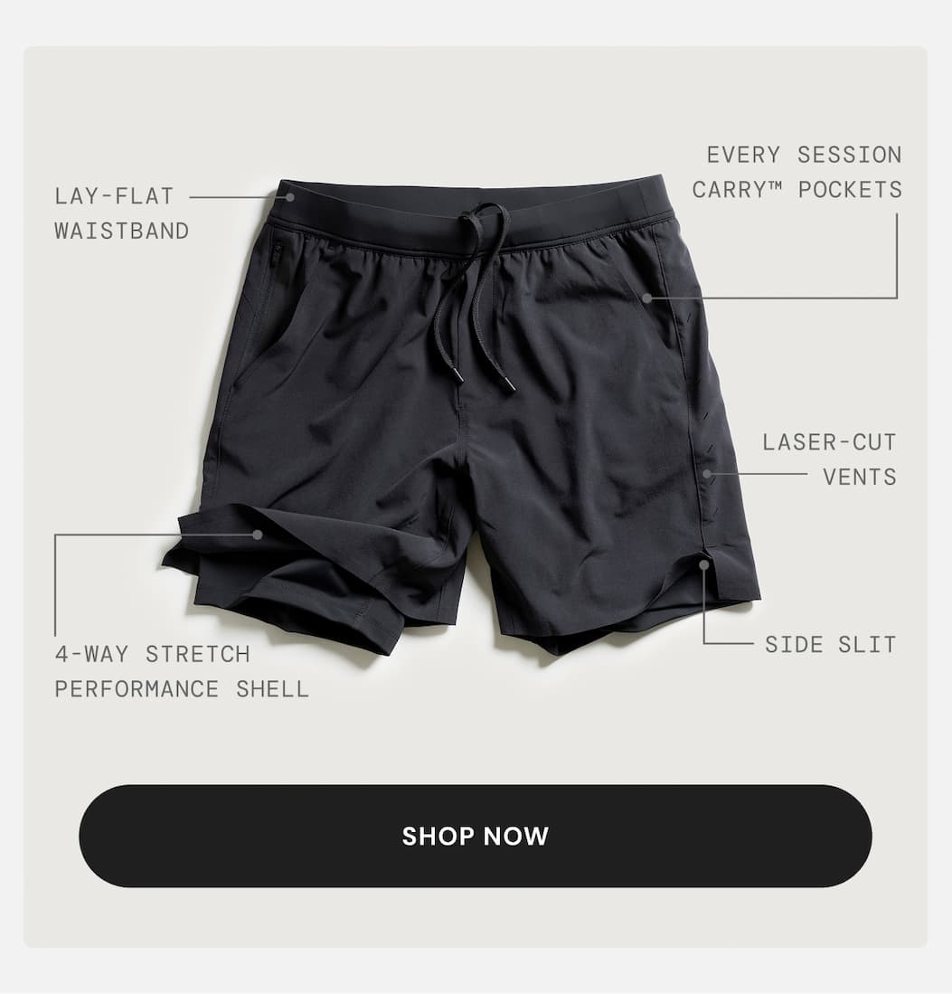 Product Feature Callouts on Black Interval Shorts