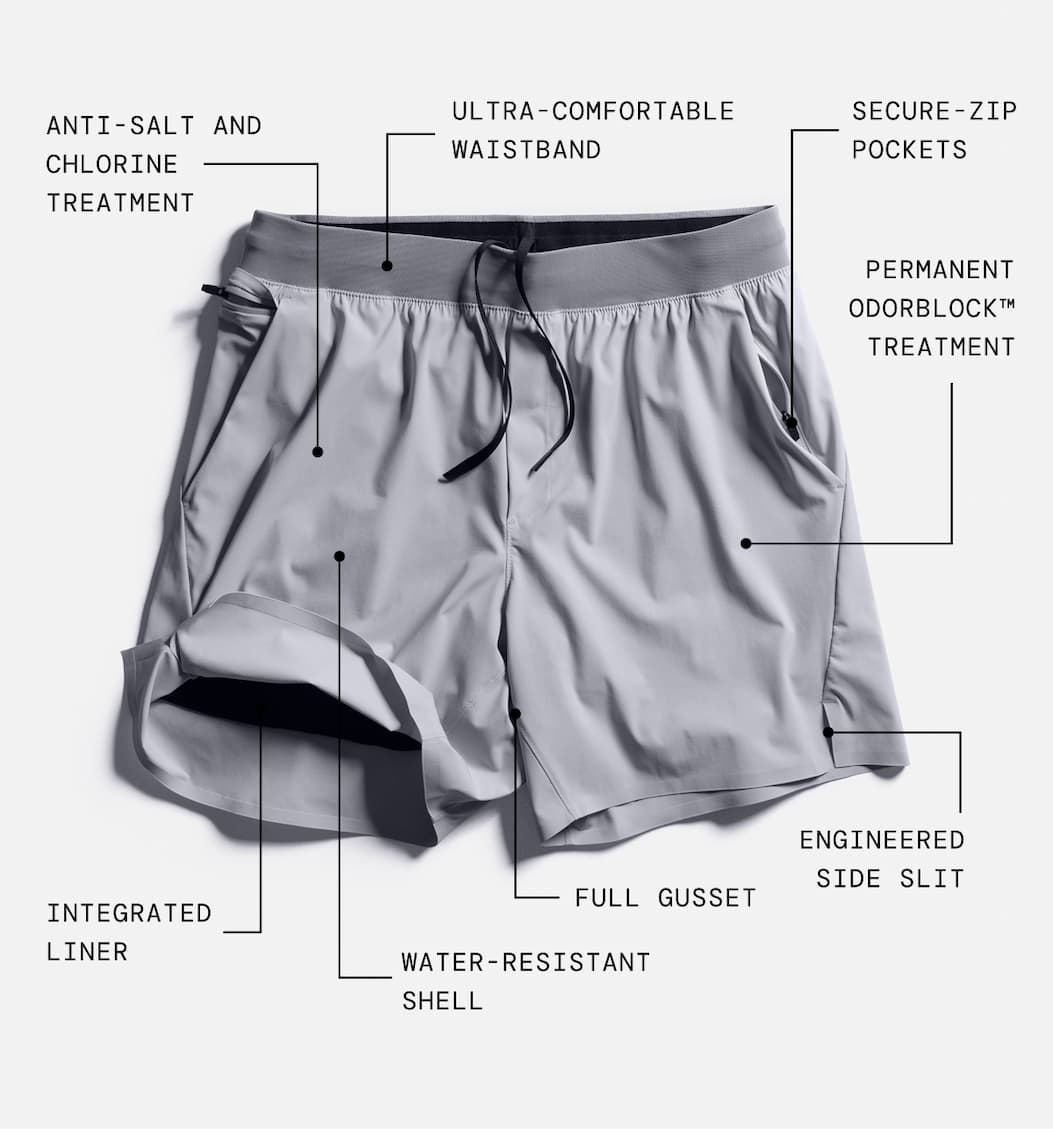 Product Specs for the Set Swim Short: • Quick-drying hydrophobic shell with four-way stretch • Chlorine and salt water resistant for long-term durability • Integrated medium-compression liner • Every Session Carry™ pocket system for secure storage • Ultra-light and minimal waistband for low profile in water • Permanent Odorblock™ treatment. Available in 6.5 inch and 5 inch inseams