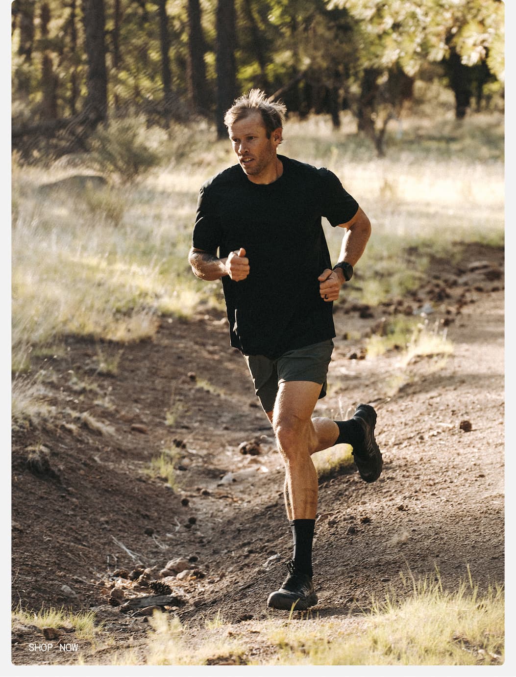 Lifestyle Image of Trail-Running in Tactical Shirt and Short