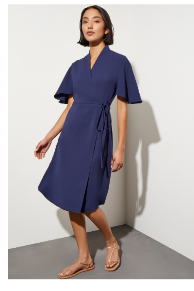 Butterfly Sleeve Crepe de Chine Wrap Dress, Indigo