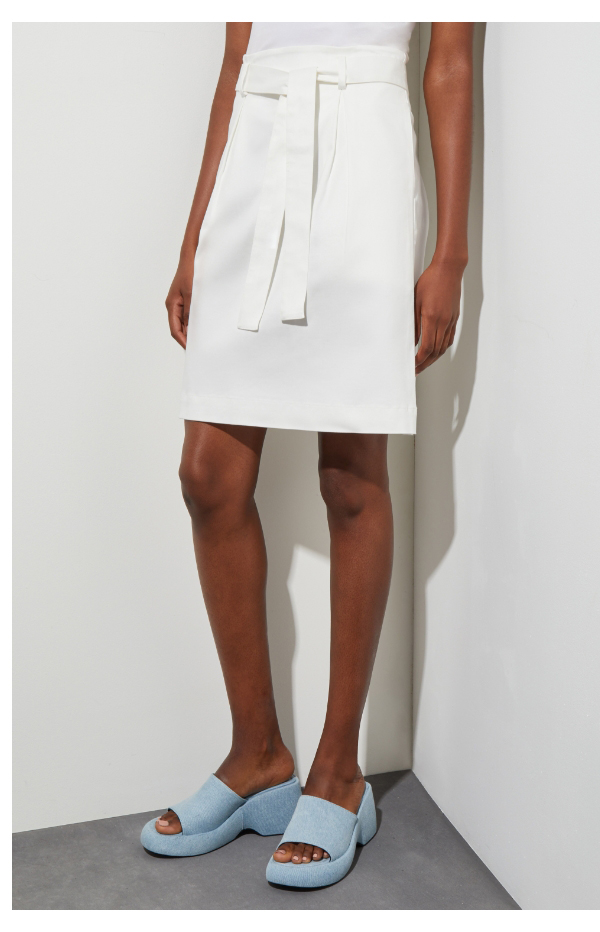 Mini A-Line Skirt - Belted Pleat Front Cotton Tencel, White