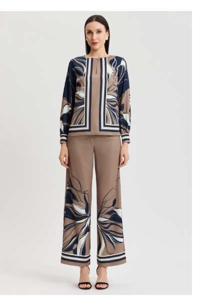 Floral Abstract Crepe de Chine Blouse, Warm Taupe