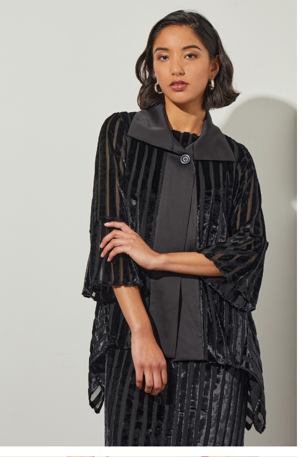 One-Button Jacket - Collared Velvet Stripe, Black/Silver