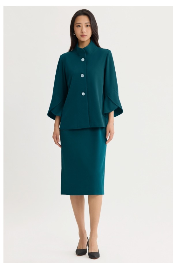 Button-Front Bell Sleeve Deco Crepe Jacket, Deep Teal