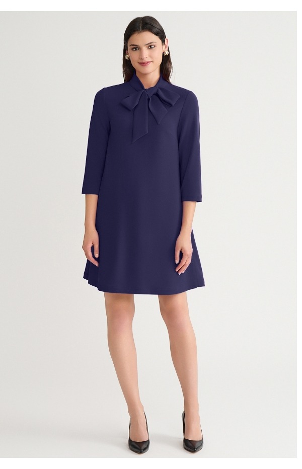 Stretch Deco Crepe Tie-Neck Tent Dress, Indigo