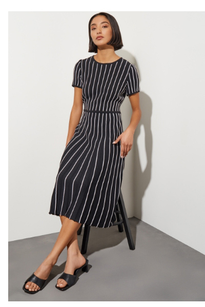 Jewel Neck Striped Flare Soft Knit Dress, Black & White