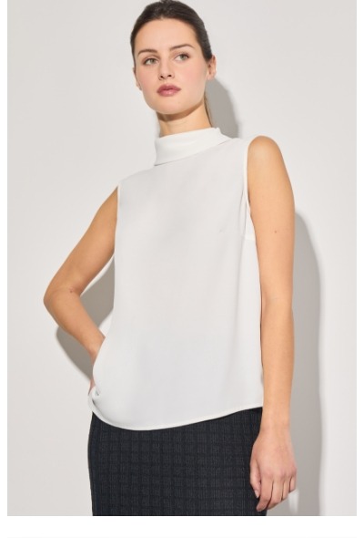 Crepe de Chine Mock Neck Tank, White