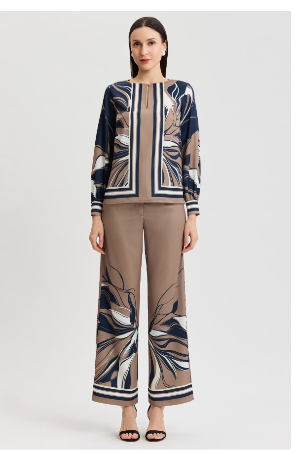 Floral Abstract Crepe de Chine Blouse, Warm Taupe