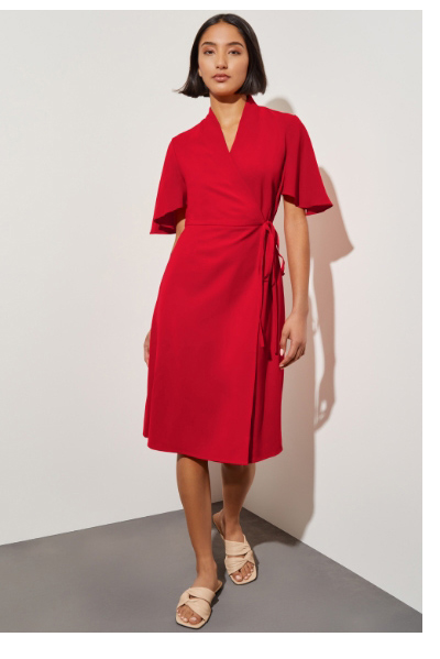 Butterfly Sleeve Crepe de Chine Wrap Dress, Poppy Red