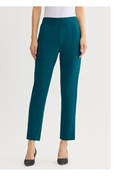 Stretch Deco Crepe Straight-Leg Pants, Deep Teal