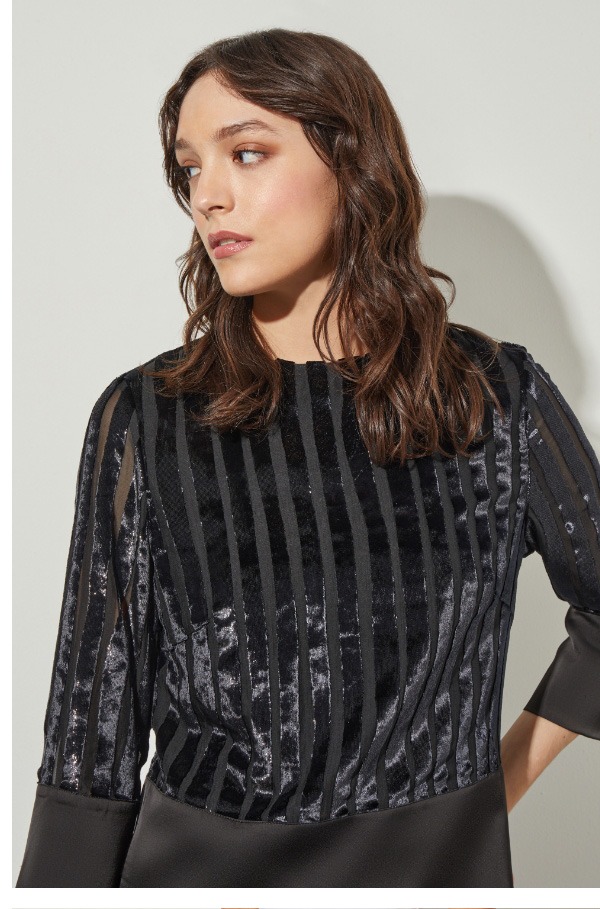 Sheer Sleeve Blouse - Velvet Stripe, Black/Silver