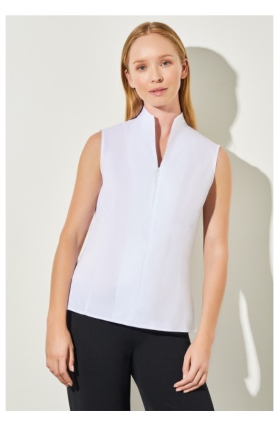 Sleeveless Zip-Up Stretch Cotton Shirt, White