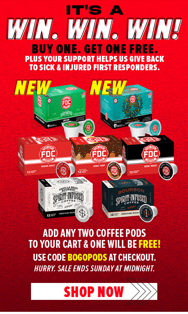 New Coffee Pods: Irish Whiskey Infused Coffee Pods and Shellback Espresso Coffee Pods. Included in the BOGO Sale.Add any two coffee pods to cart, get one free. Use code BOGOPODS. Sale ends Sunday at midnight.