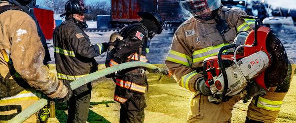 Image of firefighters overlayed with a Ukrainian flag.