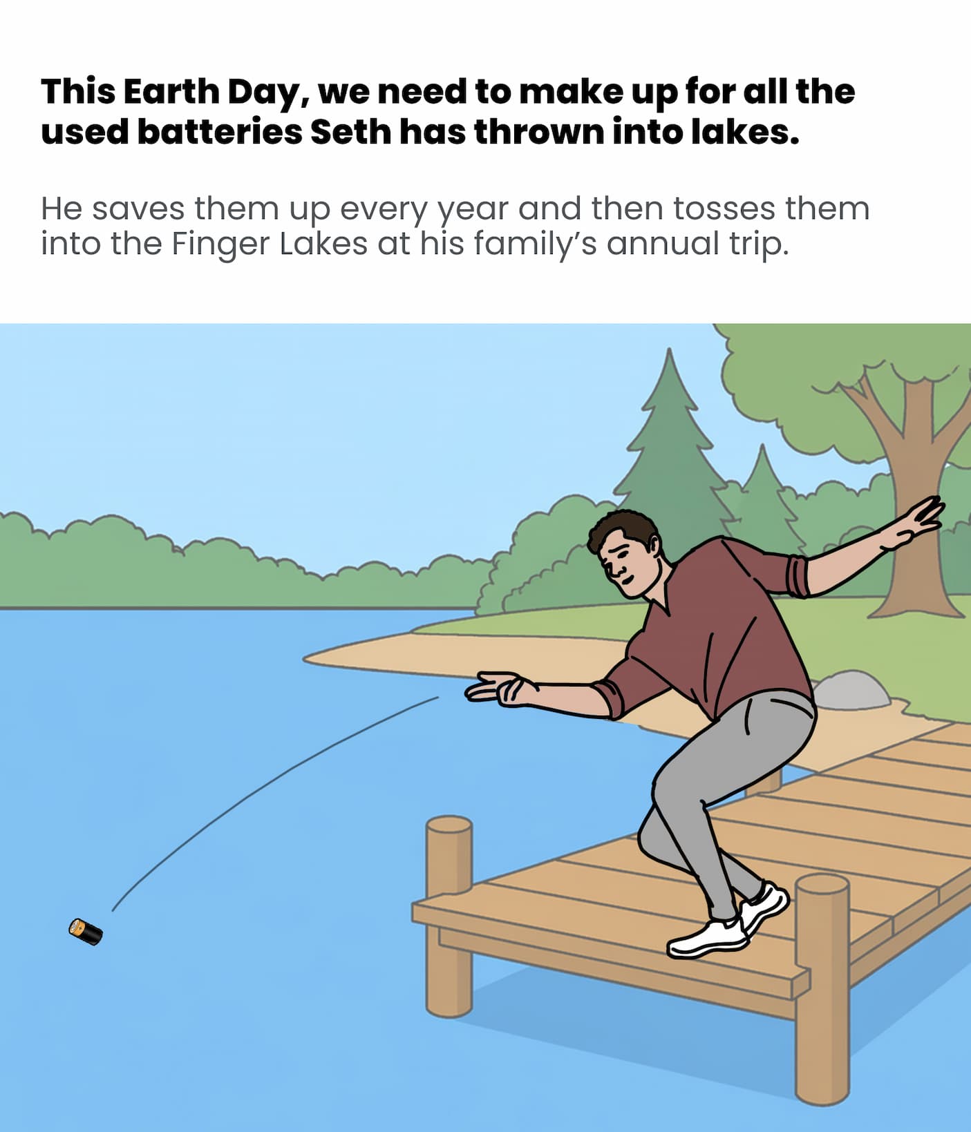 Seth throws lots of batteries in lakes