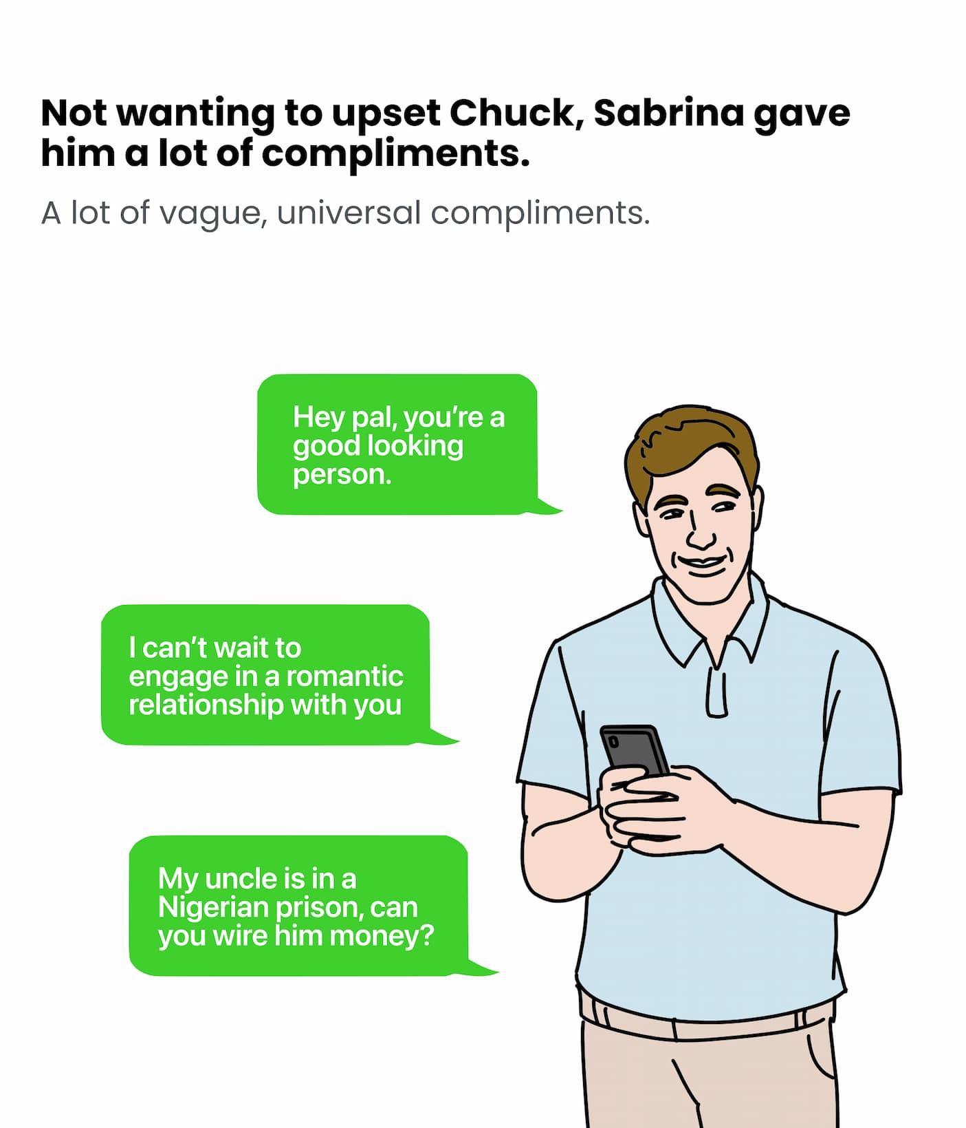 Not wanting to upset Chuck, Sabrina gave him a lot of compliments.