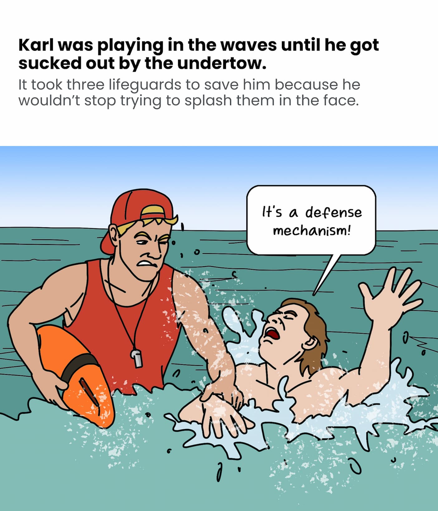 Karl got sucked out by an undertow.