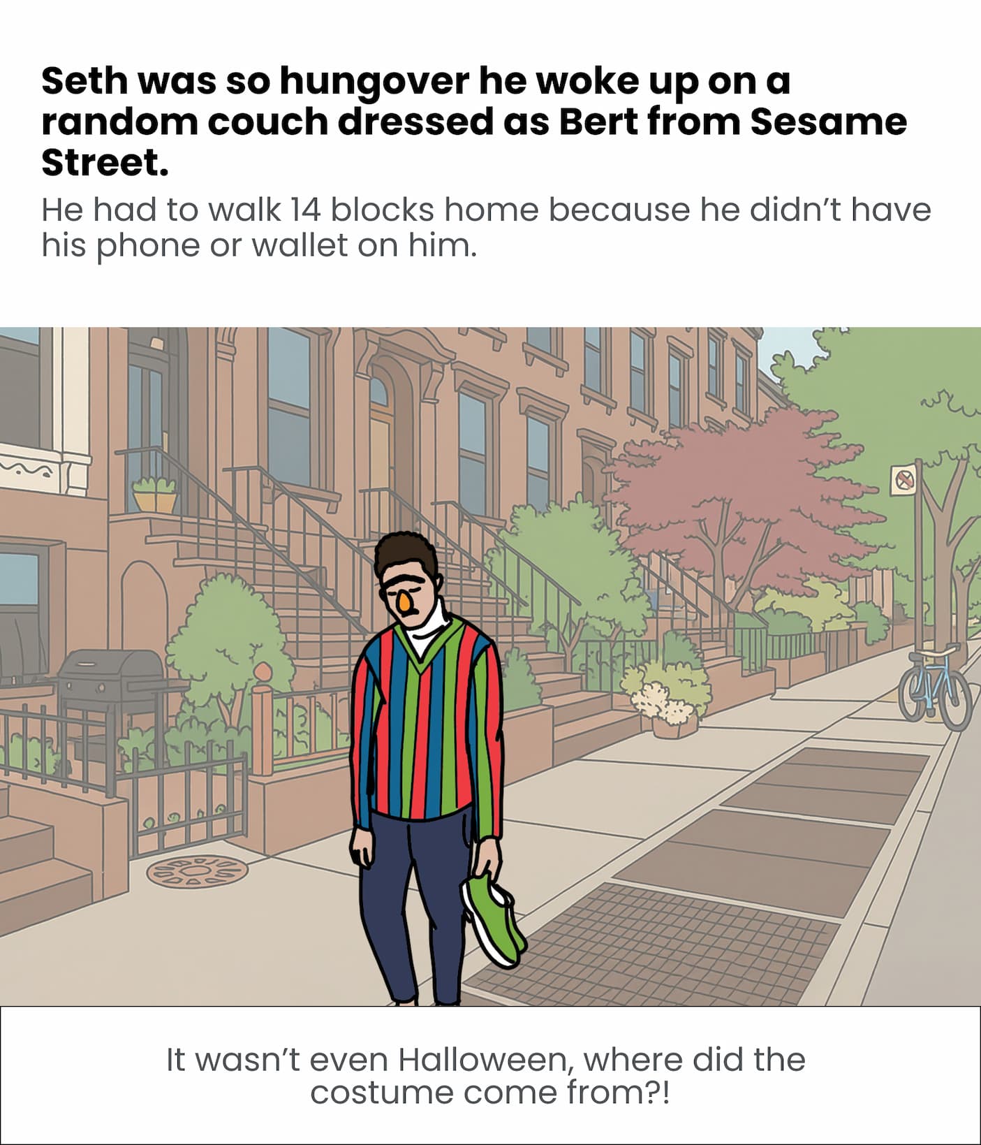 Seth was so hungover he woke up on a random couch dressed as Bert from Sesame Street.