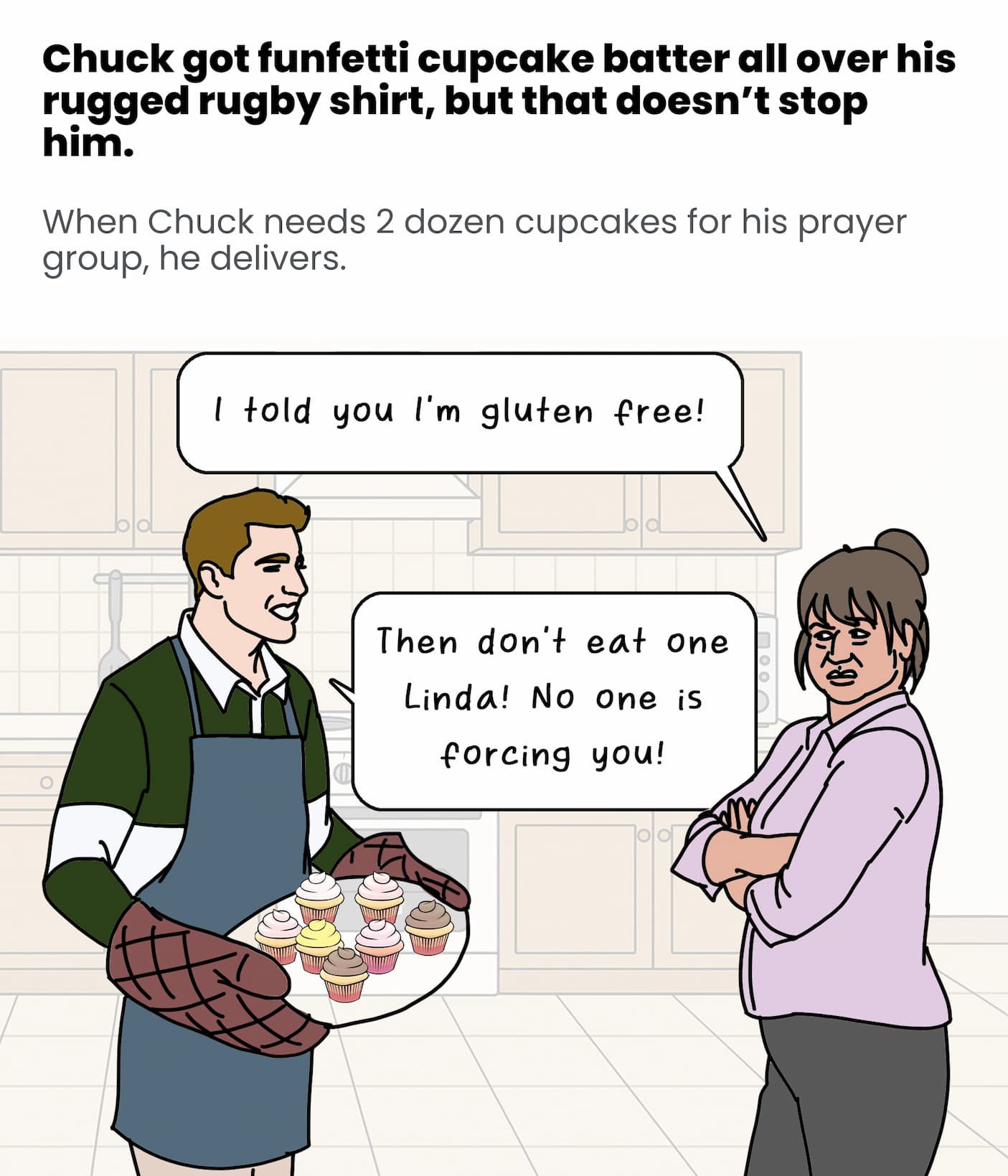 Chuck got funfetti batter on his shirt