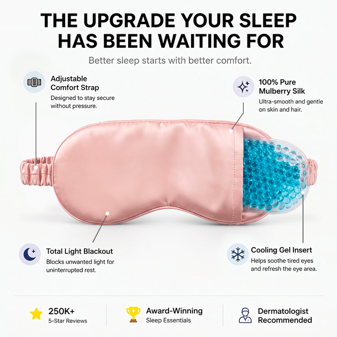 The Blissy Chill Edition sleep mask — adjustable comfort strap, 100% mulberry silk, total light blackout, cooling gel insert, 250,000+ five-star reviews, award-winning, dermatologist-recommended