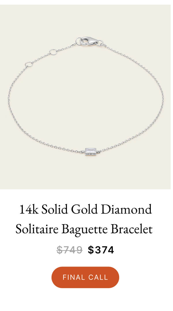 14k Solid Gold Diamond Solitaire Baguette Bracelet