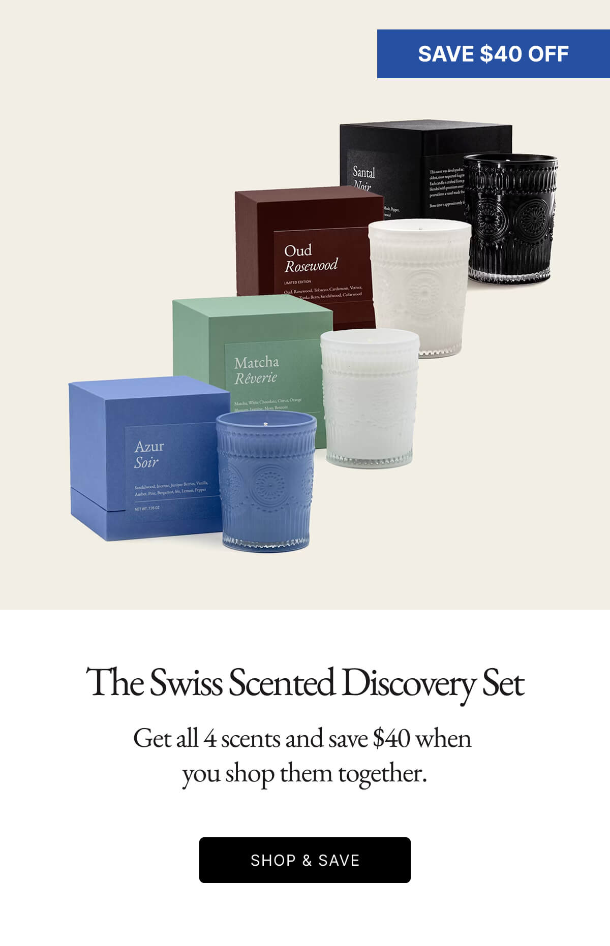 The Swiss Scented Discovery Set Get all 4 scents and save $40 when you shop them together. SHOP & SAVE