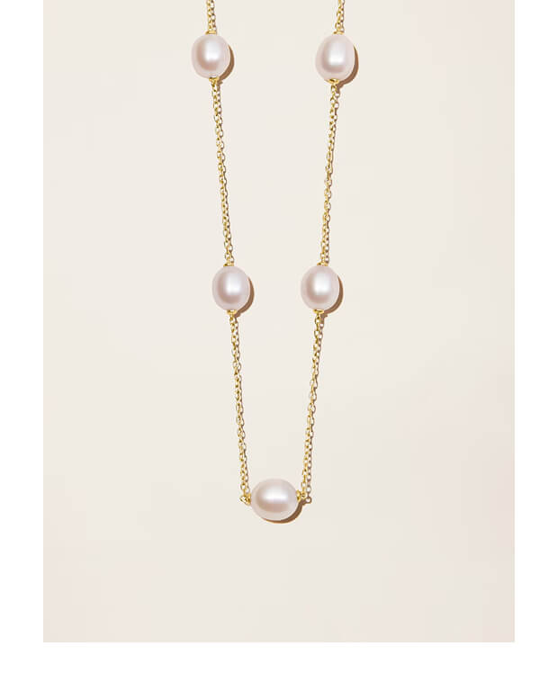 14k Solid Gold Petite Cultured Pearl Station Necklace