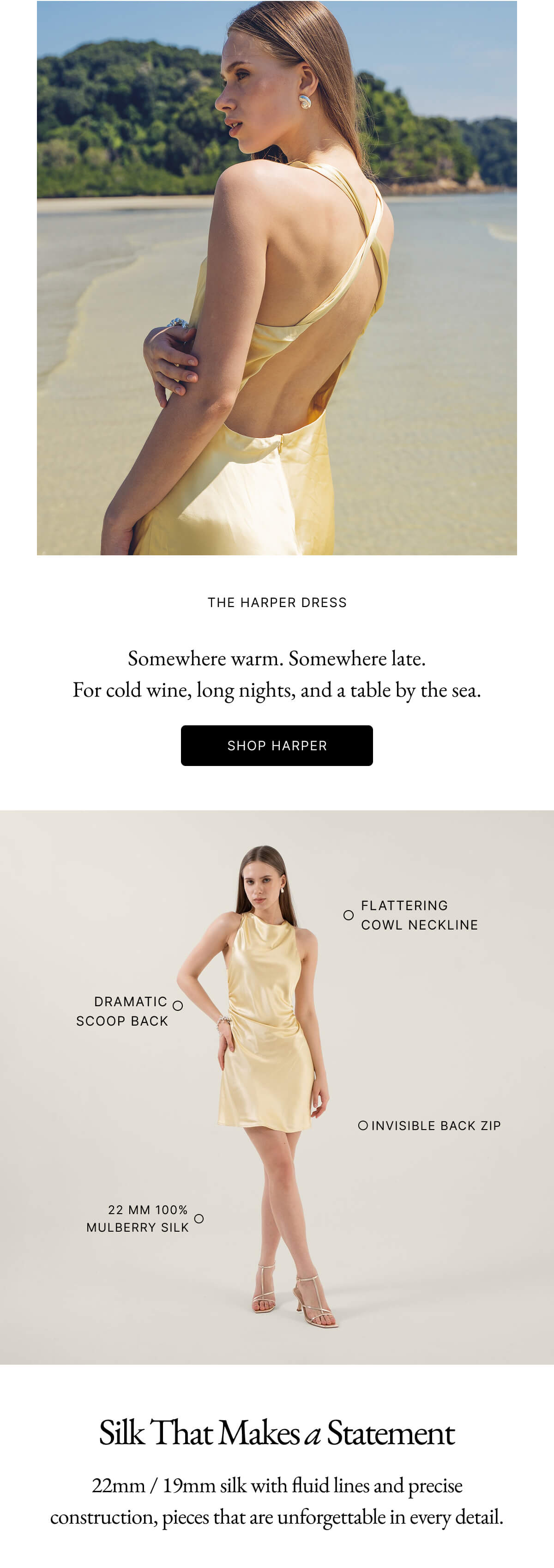 THE HARPER DRESS A slinky silk slip with low-back allure and a subtle matte finish. Designed to elongate the frame and skim the body in all the right places.