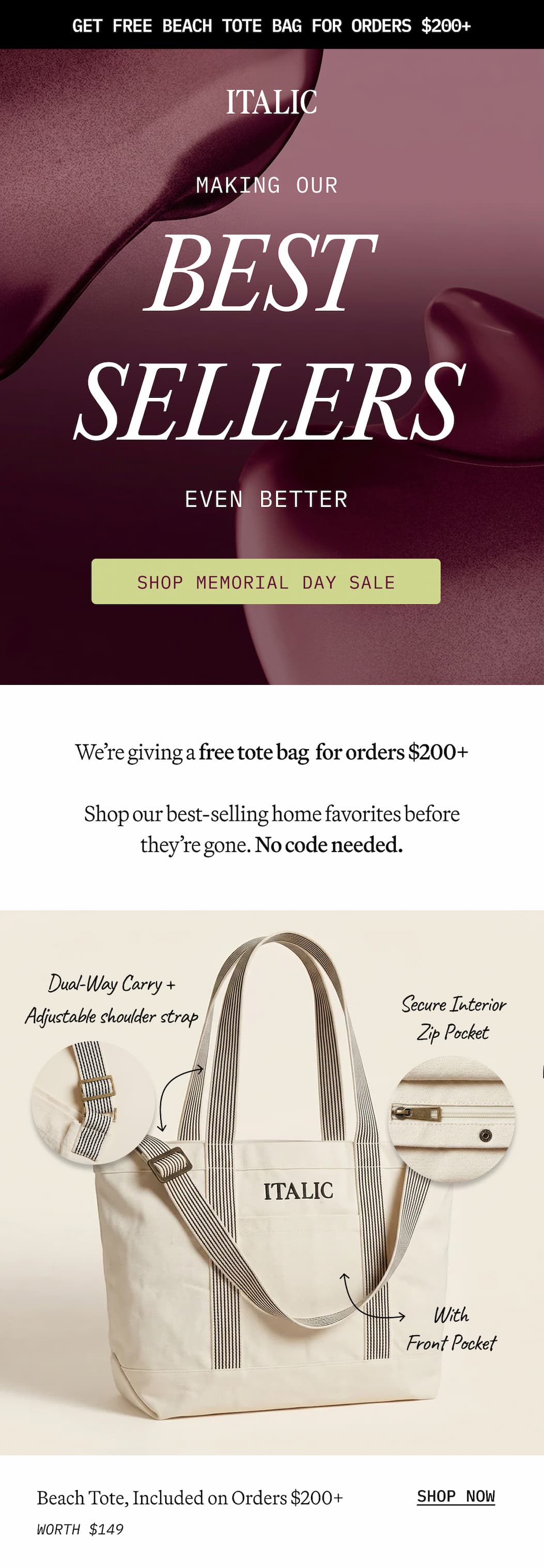 ITALIC | Memorial Day Sale | Best Sellers + Get free beach tote bag for orders $200+
