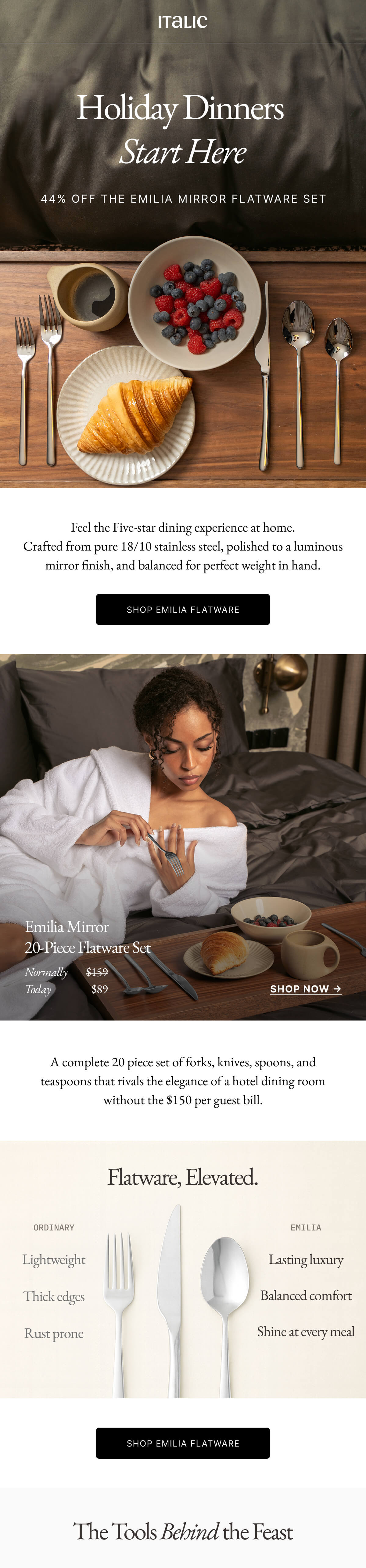 Italic | Life is the Luxury | Holiday Dinners Start Here 44% OFF THE EMILIA MIRROR FLATWARE SET