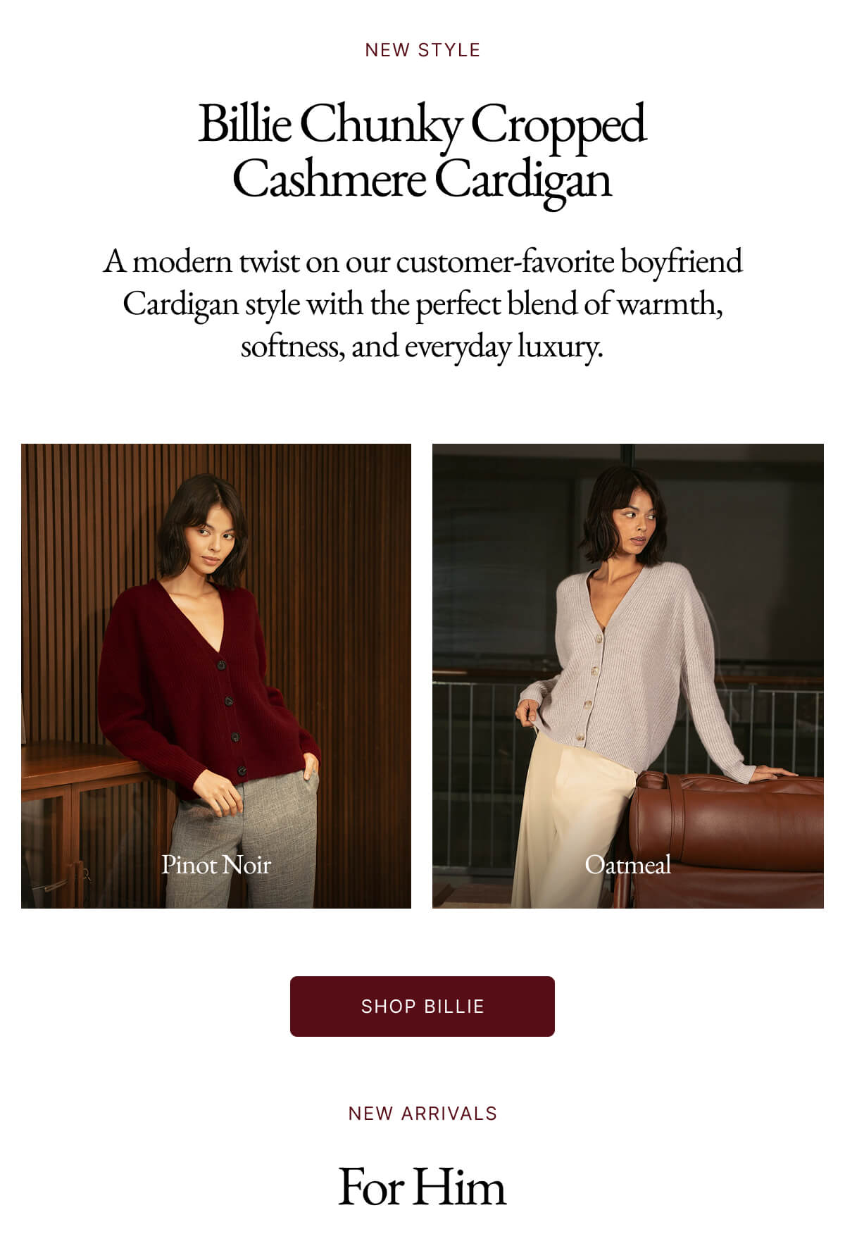 NEW ARRIVAL Billie Chunky Cropped Cashmere Cardigan Pinot Noir Oatmeal SHOP WOMENS | NEW ARRIVAL Billie Chunky Cropped Cashmere Cardigan | NEW ARRIVALS New For Him