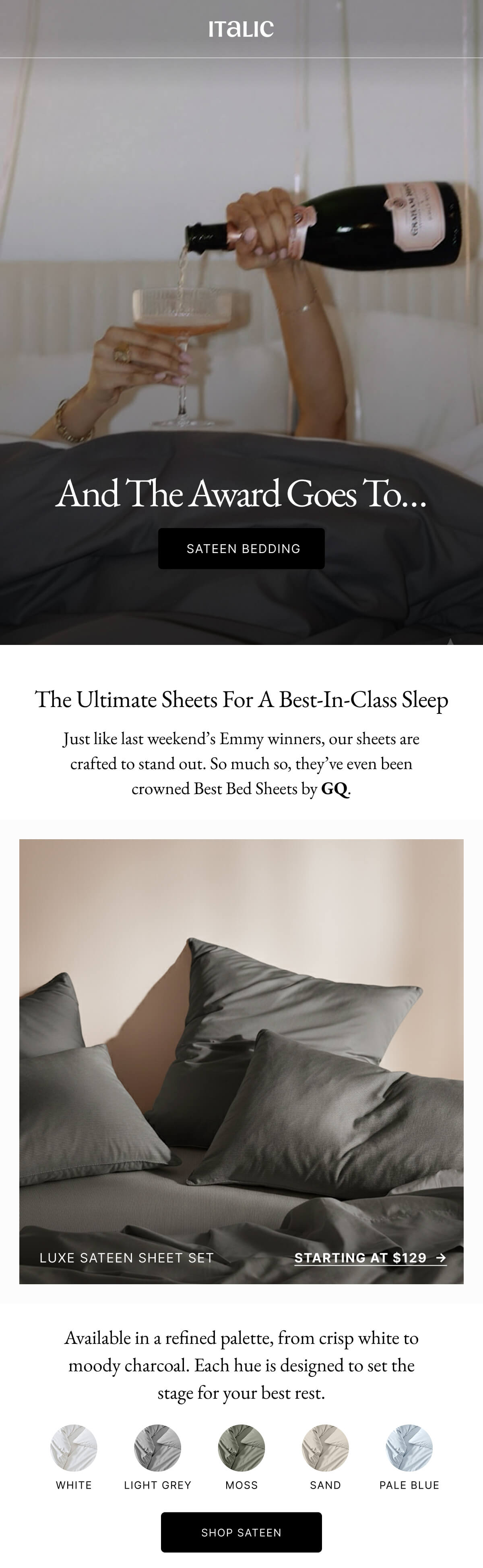 COMFORT, IN FULL CHARCOAL | The Ultimate Sheets For A Best-In-Class Sleep Just like last weekend's Emmy winners, our sheets are crafted to stand out. So much so, they've even been crowned Best Bed Sheets by GQ.