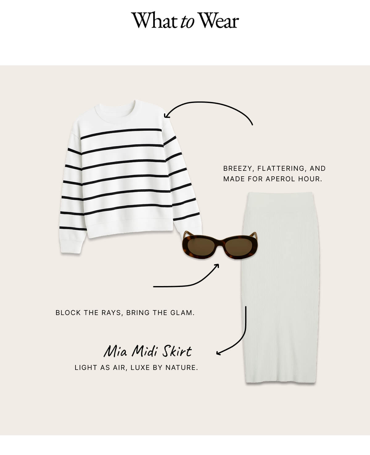 Italic | Life is Luxury | BREEZY, FLATTERING, AND MADE FOR APEROL HOUR. BLOCK THE RAYS, BRING THE GLAM. Mia Midi Skirt LIGHT AS AIR, LUXE BY NATURE.