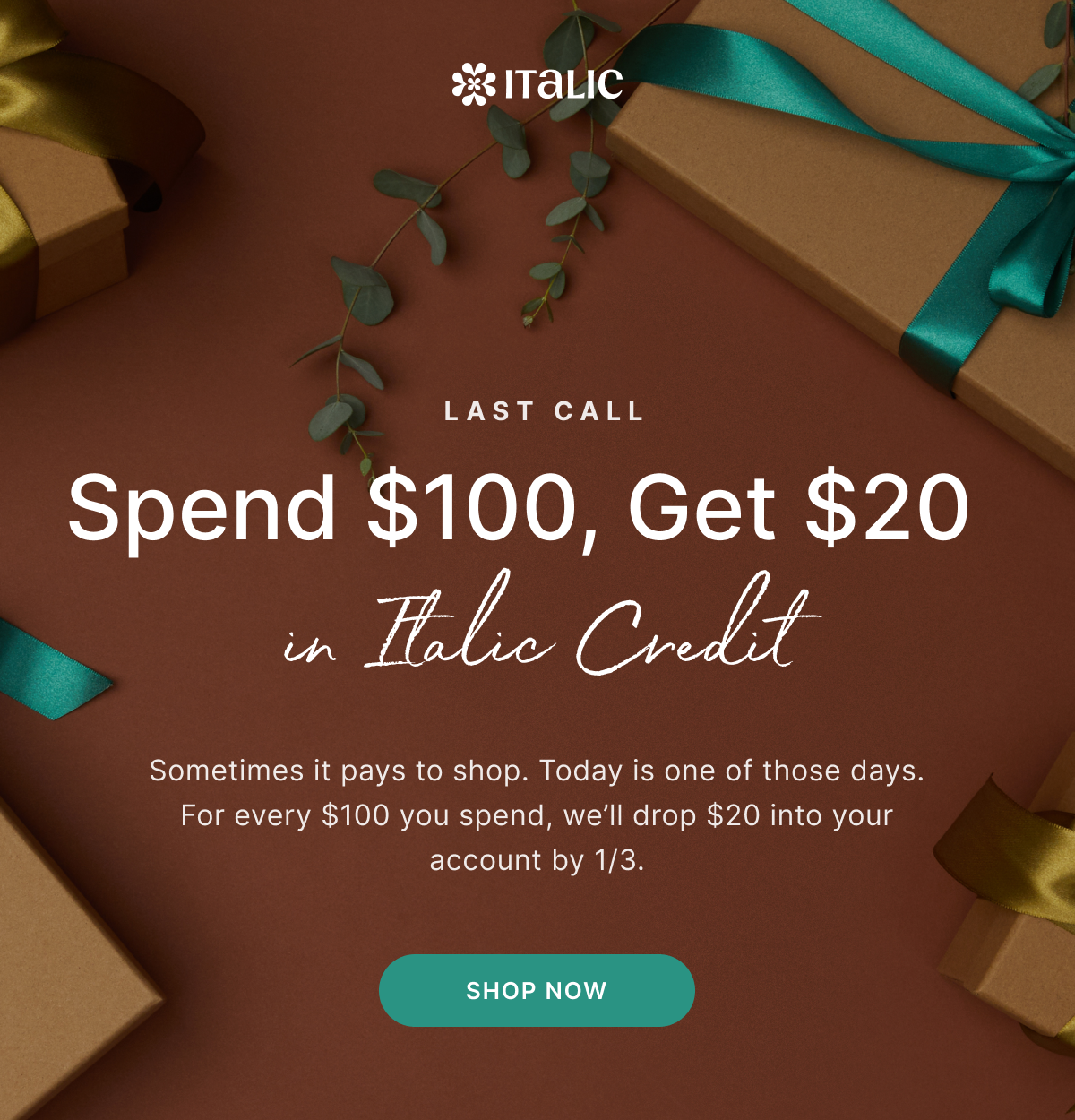 Italic | 24 hours | Spend $100, Get $20 in Italic Credit | Sometimes it pays to shop. Today is one of those days. For every $100 you spend, weâ€™ll drop $20 into your account by 1/3. | Shop Collection