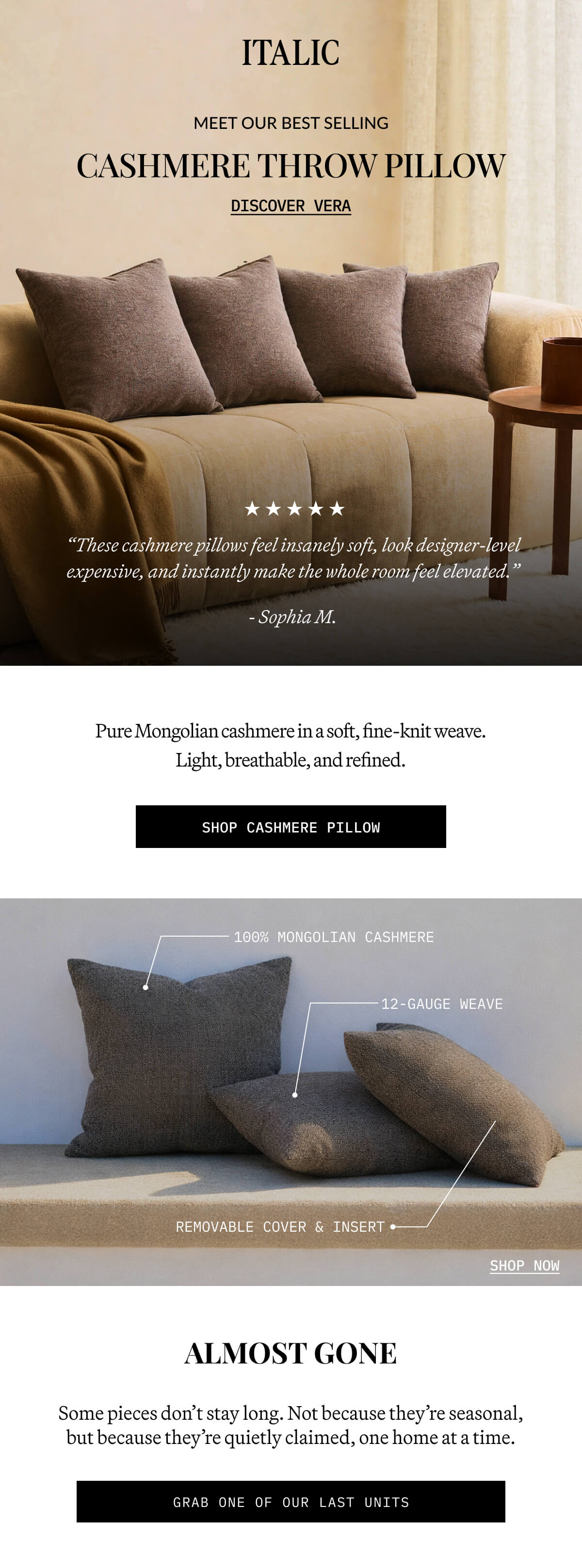 ITALIC | MEET OUR BEST SELLING  CASHMERE THROW PILLOW DISCOVER VERA