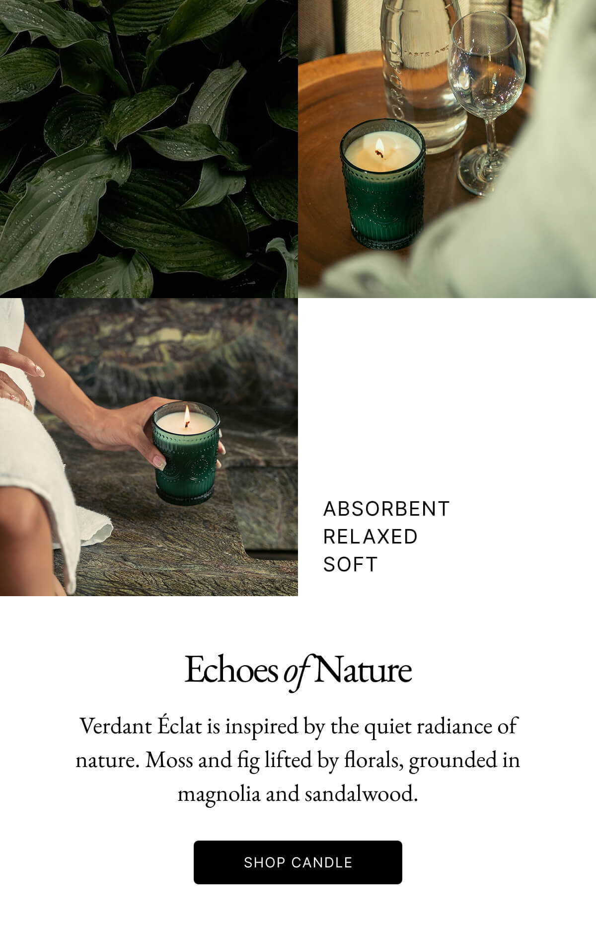 Echoes of Nature Verdant Éclat is inspired by the quiet radiance of nature. Moss and fig lifted by florals, grounded in magnolia and sandalwood. SHOP ROBE