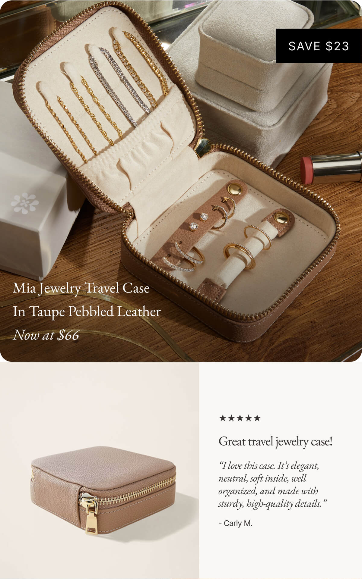 Mia Jewelry Travel Case In Taupe Pebbled Leather Now at $66 | Great travel jewelry case! "I love this case. It's elegant, neutral, soft inside, well organized, and made with sturdy, high-quality details." Carly M. 
